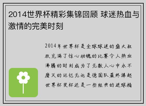 2014世界杯精彩集锦回顾 球迷热血与激情的完美时刻